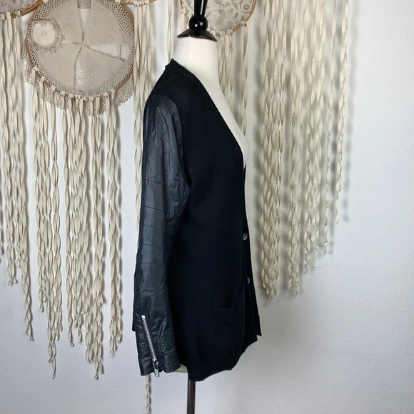 Sacai Black Button Down Cardigan with Quilted Nylon Sleeves and Wrist Zippers - Picture 8 of 14